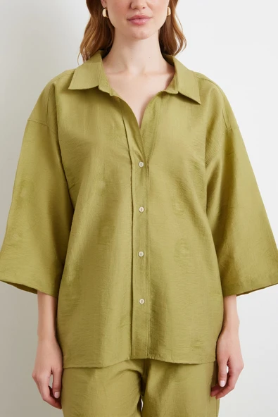 Fakir Kol Oversize Gömlek Yeşil - Resim 4