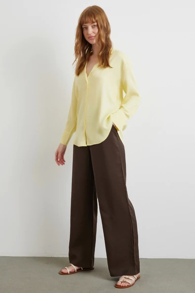 Viskon Saten Gömlek Sarı - Resim 2