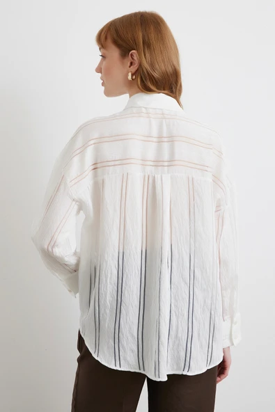 Organze Çizgili Gömlek Ekru - Resim 6