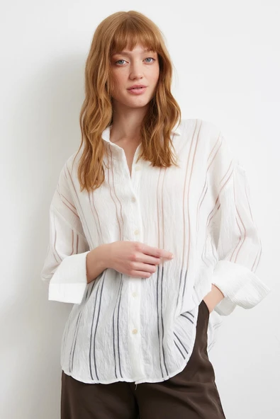 Organze Çizgili Gömlek Ekru ürün görseli