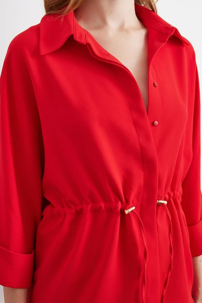 Büzgülü Kimono Gömlek Kırmızı - Resim 5
