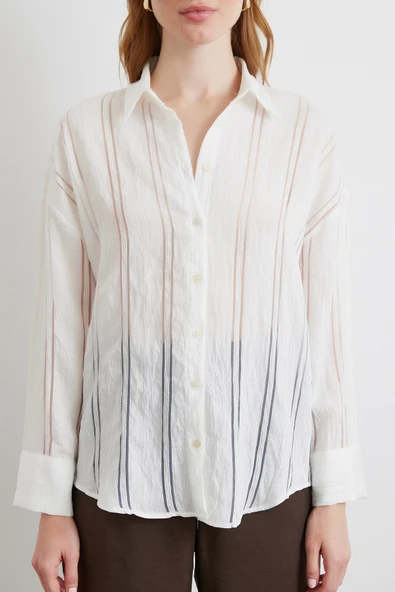 Organze Çizgili Gömlek Ekru - Resim 4