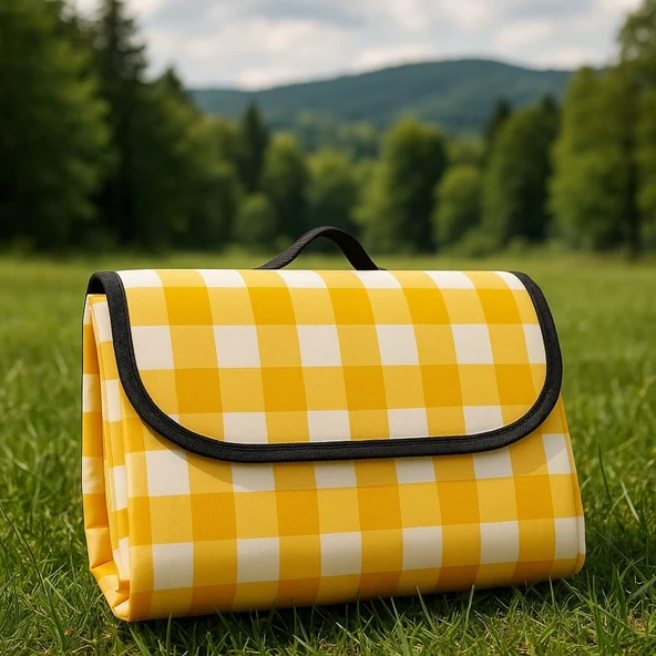 Kendinden Çantalı Sarı Ekose Piknik Örtüsü 150x150 cm Taşınabilir Cırtlı Piknik Matı, Taşıma Kordonlu, İnce Katlanabilir Örtü - 4