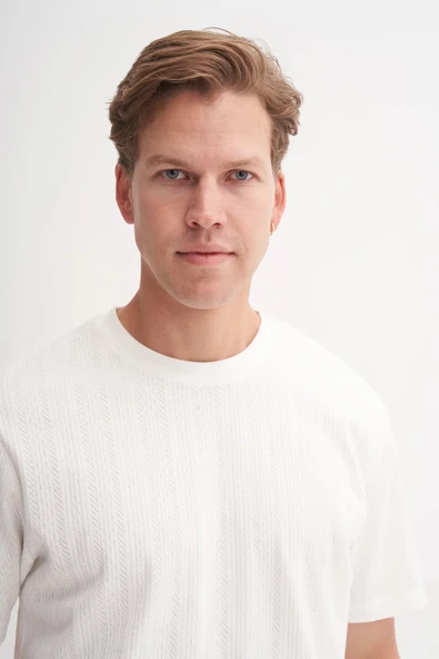 Cazador Erkek Bisiklet Yaka Regular Fit Örme Tişört 4121 Ekru - Resim 3