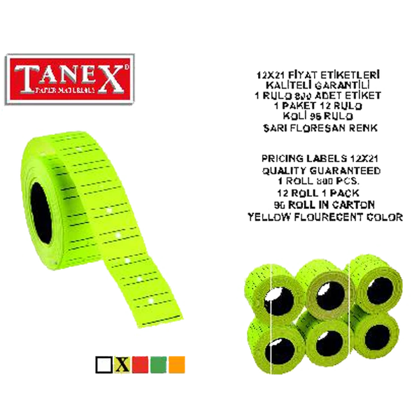 Tanex Fiyat Etiketi Çizgili 12x21 Fosforlu Sarı(6 rulo)