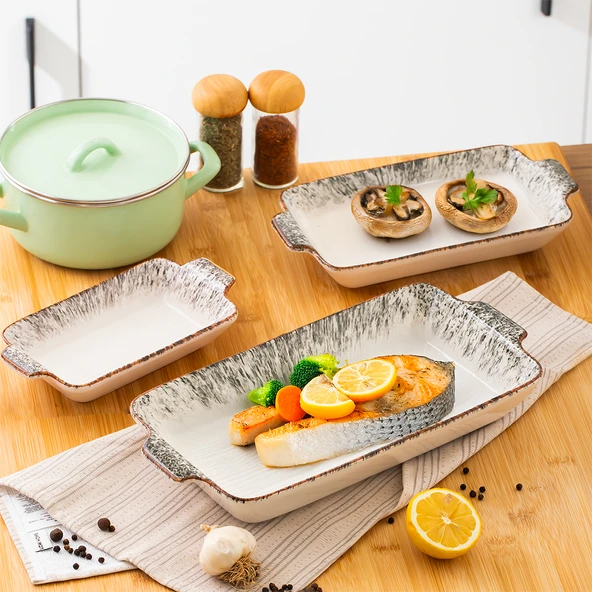 Porsima 083 Dikdörtgen 3'lü Fırın Kabı Servis Kabı Oval Sunumluk Tepsi Tabak Siyah - 2