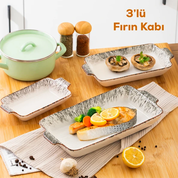 Porsima 083 Dikdörtgen 3'lü Fırın Kabı Servis Kabı Oval Sunumluk Tepsi Tabak Siyah