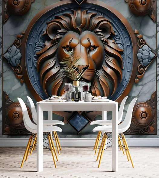 3D Bronz Aslan Motifli Duvar Kağıdı Baskı - Resim 5