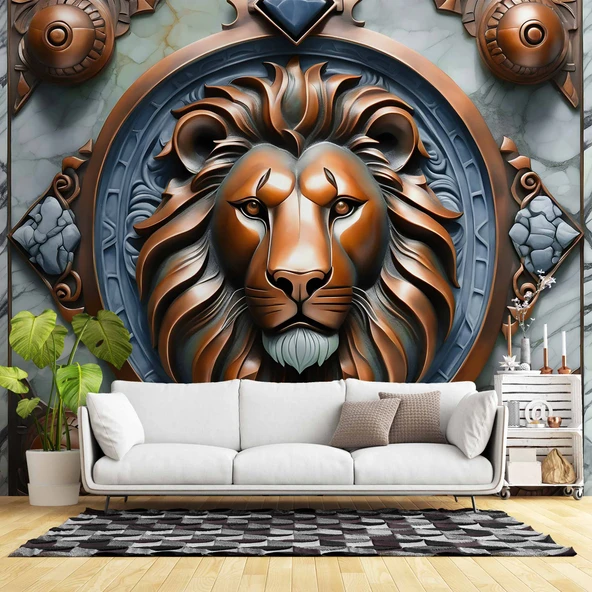 3D Bronz Aslan Motifli Duvar Kağıdı Baskı ürün görseli