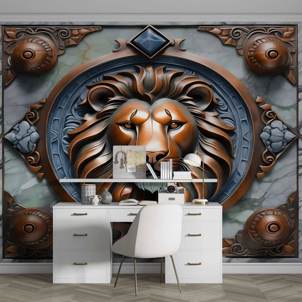 3D Bronz Aslan Motifli Duvar Kağıdı Baskı - Resim 4