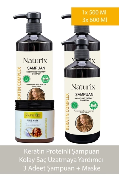 Naturix 4'lü Set - Tuzsuz Keratin Şampuan (3 x 600 ml) & Keratin Bakım Maskesi (500 ml)