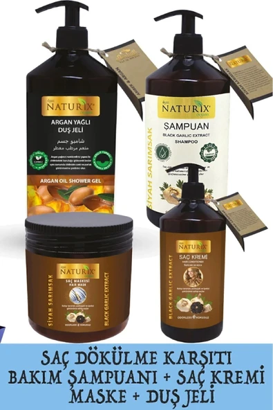 Naturix 4'lü Set Siyah Sarımsak Şampuan (600 ml) & Saç Kremi (500 ml) & Saç Maskesi (500 ml) & Argan Yağlı Duş Jeli (1000 ml