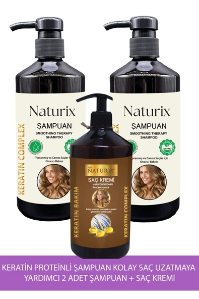 Naturix 3'lü Set  Bitkisel Keratin Şampuan (2 x 600 ml) & Keratin Saç Kremi (500 ml)