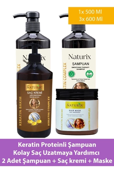 Naturix 3'lü Set  Tuzsuz Keratin Şampuan (2 x 600 ml) & Keratin Saç Kremi & Saç Maskesi