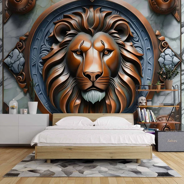 3D Bronz Aslan Motifli Duvar Kağıdı Baskı - Resim 2