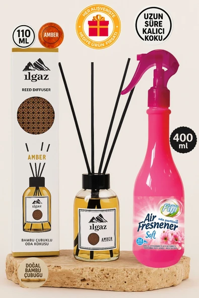 Ilgaz Amber Bambu Çubuklu Oda Kokusu & Soft Neon Oda Spreyi 400 ml - Şık Ve Ferahlatıcı Mekan Kokusu Seti ürün görseli 1