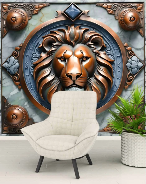 3D Bronz Aslan Motifli Duvar Kağıdı Baskı - Resim 6