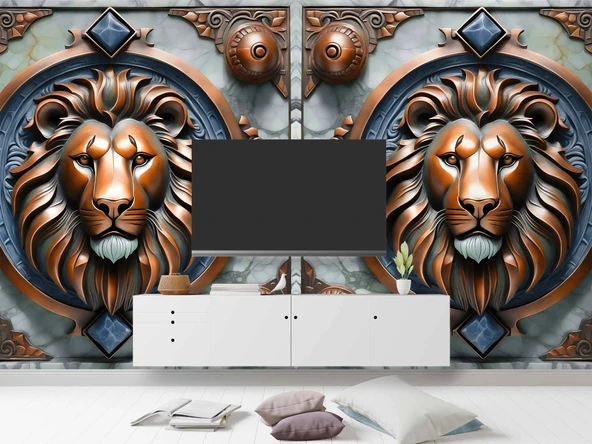 3D Bronz Aslan Motifli Duvar Kağıdı Baskı - Resim 3