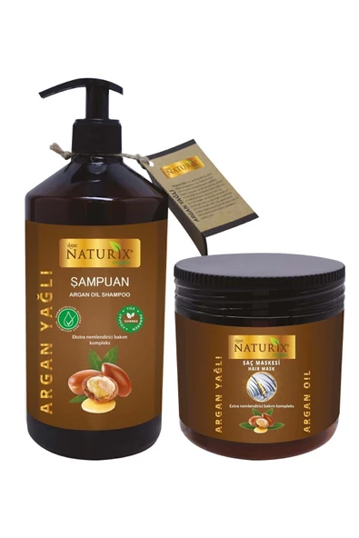 Naturix Tuzsuz Argan Şampuan (600ml) & Argan Saç Maskesi (500ml) Profesyonel Saç Bakım Seti