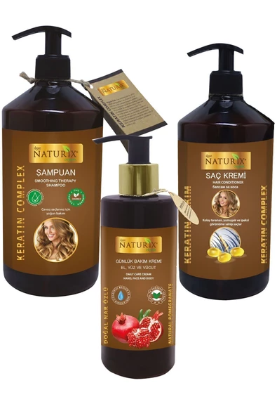 Naturix 3'lü Set  Tuzsuz Keratin Şampuan (600 ml) + Keratin Saç Kremi (500 ml) + Nar Özlü El, Yüz ve Vücut Kremi (250 ml)