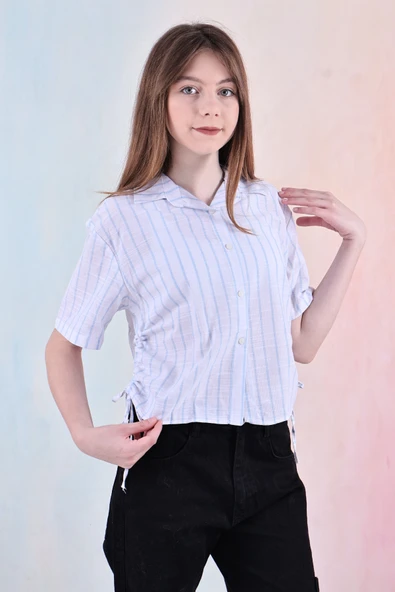 Kız Çocuk Büzgü Detaylı-Çizgi Desenli Crop Gömlek 6-14 Yaş 12251 - 5