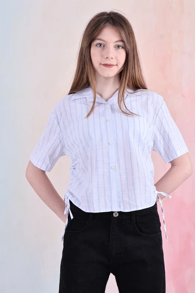 Kız Çocuk Büzgü Detaylı-Çizgi Desenli Crop Gömlek 6-14 Yaş 12251 - 3