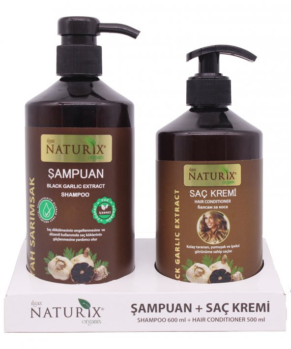 Naturix Tuzsuz Şampuan Seti 2Lİ Natural 600 Ml Siyah Sarımsak Özlü Şampuan + 500 Ml Siyah Sarımsak Özlü Saç Kremi