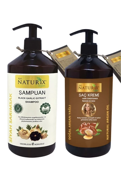 Naturix Siyah Sarımsak Şampuan & Argan Yağlı Saç Kremi Seti - 600ml Şampuan + 500ml Krem