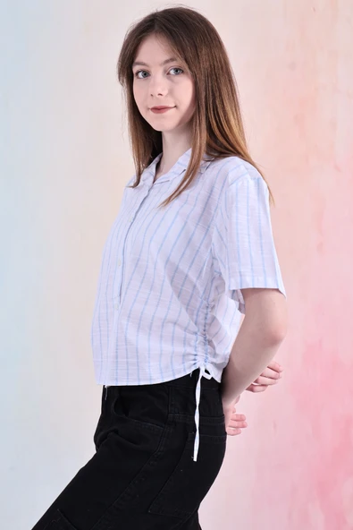 Kız Çocuk Büzgü Detaylı-Çizgi Desenli Crop Gömlek 6-14 Yaş 12251 - 7
