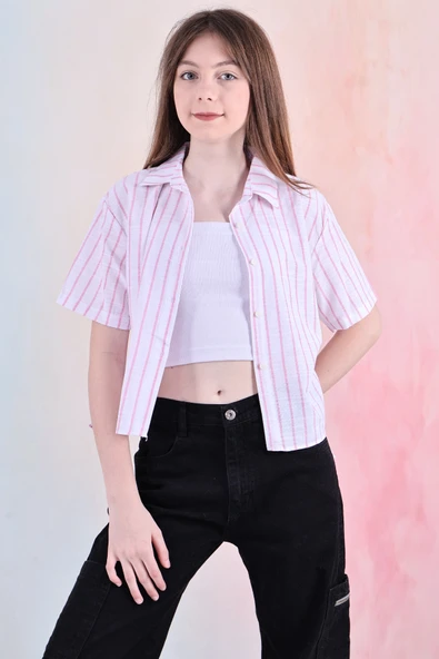 Kız Çocuk Büzgü Detaylı-Çizgi Desenli Crop Gömlek 6-14 Yaş 12251 - 8