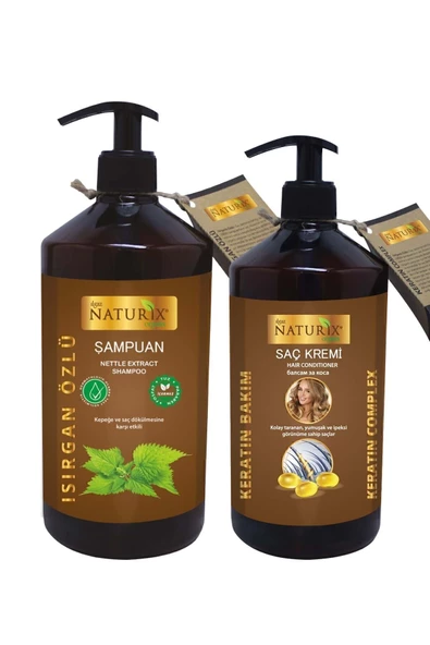 Naturix Tuzsuz Şampuan 2Li Kepek Önleyici Isırgan Otu Şampuanı 600 Ml + 500 Ml Keratin Bakım Saç Kremi