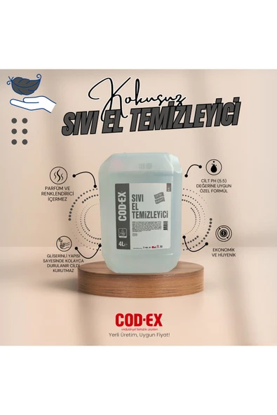 COD-EX Ekstra Güçlü Gliserinli Sıvı El Sabunu Kokusuz Koku Ve Renklendirici Içermez 4 Litre
