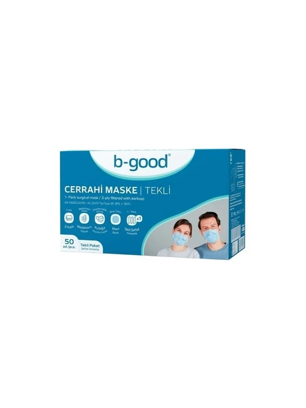 B-Good 3 Katlı Tekli Paketlenmiş Cerrahi Maske Telli 50'li (ÜTS Kayıtlı)