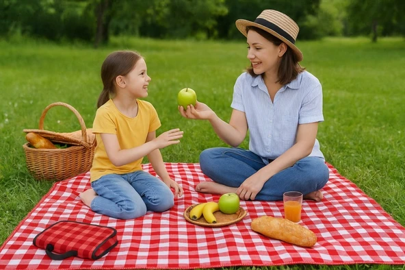 Kendinden Çantalı Kırmızı Ekose Piknik Örtüsü 150x150 cm Taşınabilir Cırtlı Piknik Matı Taşıma Kordonlu İnce Katlanabilir Örtü - 1