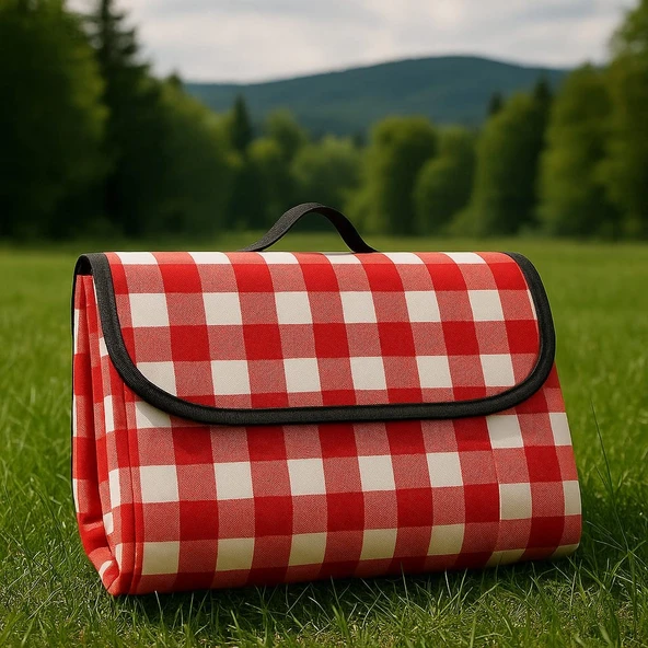 Kendinden Çantalı Kırmızı Ekose Piknik Örtüsü 150x150 cm Taşınabilir Cırtlı Piknik Matı Taşıma Kordonlu İnce Katlanabilir Örtü - 4