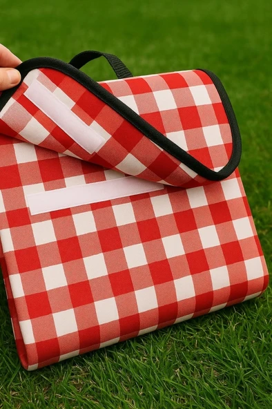 Kendinden Çantalı Kırmızı Ekose Piknik Örtüsü 150x150 cm Taşınabilir Cırtlı Piknik Matı Taşıma Kordonlu İnce Katlanabilir Örtü - 2