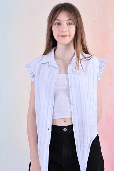 Kız Çocuk Kolları Fırfırlı ve Bel Bağlama Detaylı Crop Gömlek 6-14 Yaş 12252 - 7