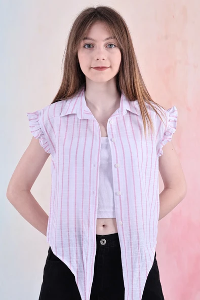 Kız Çocuk Kolları Fırfırlı ve Bel Bağlama Detaylı Crop Gömlek 6-14 Yaş 12252 - 8