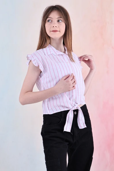 Kız Çocuk Kolları Fırfırlı ve Bel Bağlama Detaylı Crop Gömlek 6-14 Yaş 12252 - 9