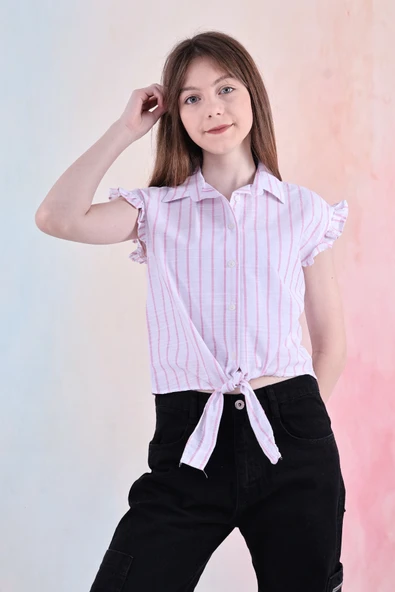 Kız Çocuk Kolları Fırfırlı ve Bel Bağlama Detaylı Crop Gömlek 6-14 Yaş 12252 - 3