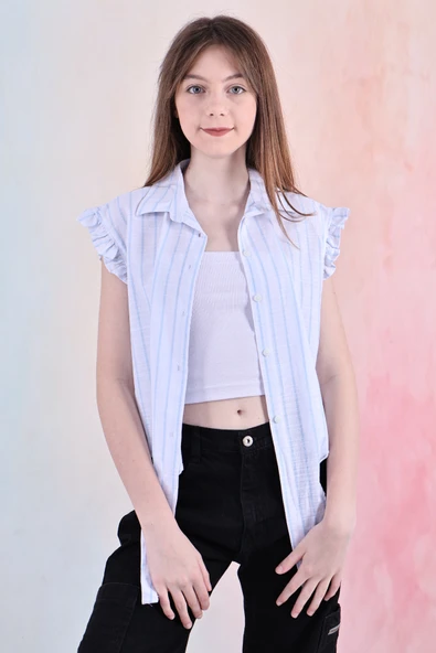 Kız Çocuk Kolları Fırfırlı ve Bel Bağlama Detaylı Crop Gömlek 6-14 Yaş 12252 - 5