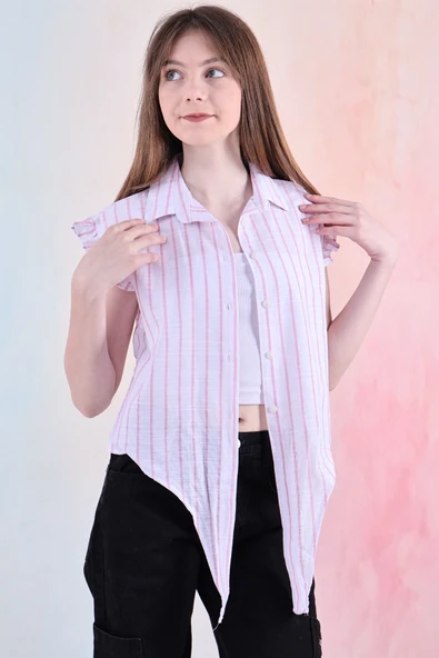 Kız Çocuk Kolları Fırfırlı ve Bel Bağlama Detaylı Crop Gömlek 6-14 Yaş 12252 - 11