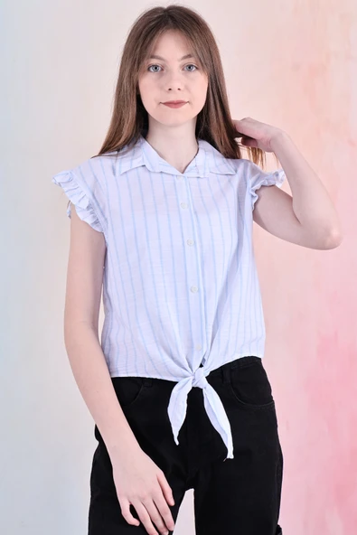 Kız Çocuk Kolları Fırfırlı ve Bel Bağlama Detaylı Crop Gömlek 6-14 Yaş 12252 - 6