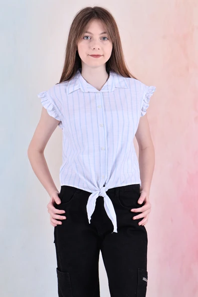 Kız Çocuk Kolları Fırfırlı ve Bel Bağlama Detaylı Crop Gömlek 6-14 Yaş 12252 - 4