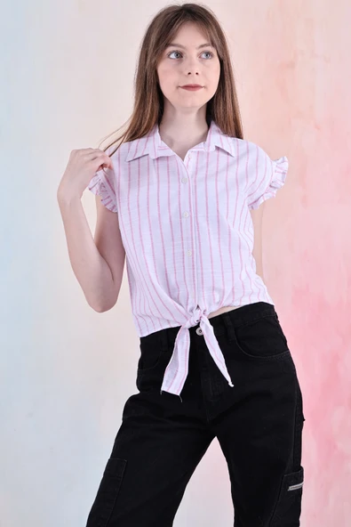 Kız Çocuk Kolları Fırfırlı ve Bel Bağlama Detaylı Crop Gömlek 6-14 Yaş 12252 - 10