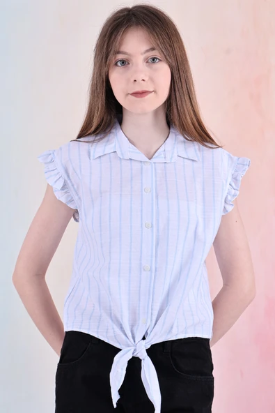 Kız Çocuk Kolları Fırfırlı ve Bel Bağlama Detaylı Crop Gömlek 6-14 Yaş 12252 - 2