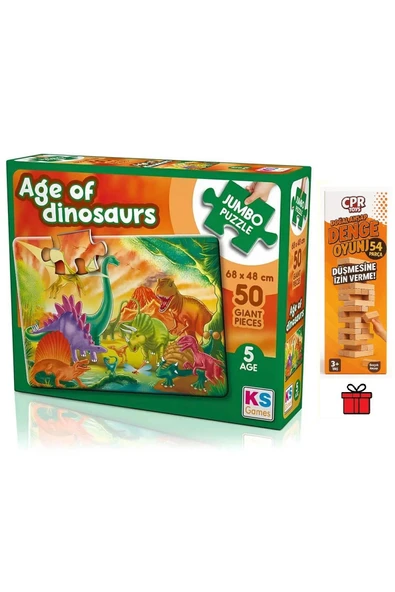 The Age Of Dinosaurs 50 Parça 5 Yaş 68x48 cm ve CPRToys Doğal Ahşap Denge Oyunu 54 Parça