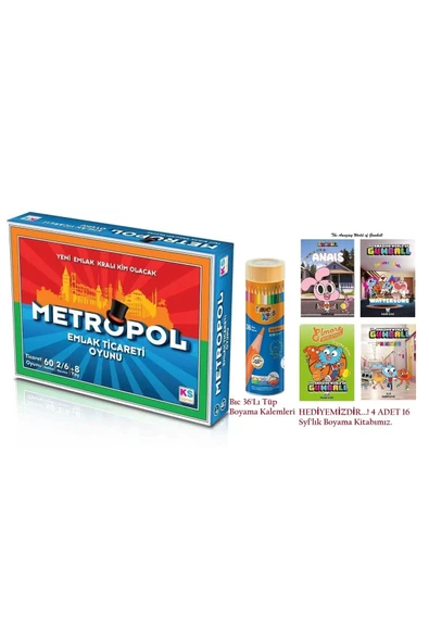 Ks Metropol Emlak Ticareti Oyunu 8 Yaş ve Kuru Boya Kalemi 36'lı Metal Tüp+Gumball Boyama Kitabı