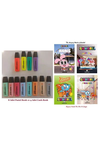 Original Fosforlu Kalem 8 Pastel ve 4 Neon Renk Set İle Gumball Boyama Kitabı 4 Adet 16 Syf Hdy