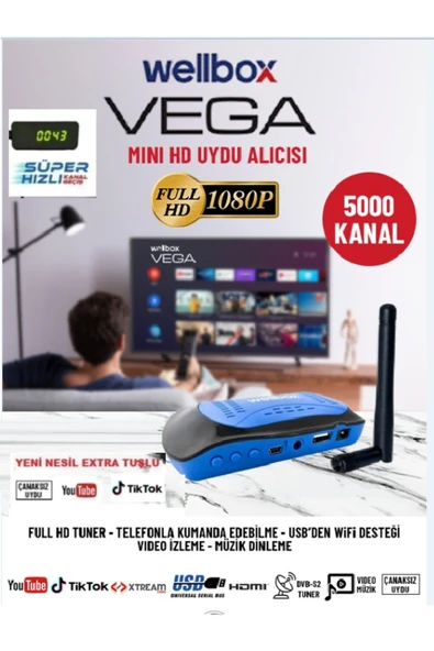wellbox Vega Çanaklı Çanaksız Wifi Anten Dahil Full Hd Free Ip Yeni Nesil Extra Tuşlu Uyumlu